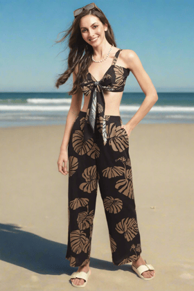 Black Color Leaf Printed Viscose Rayon Beachwear For Woman-s