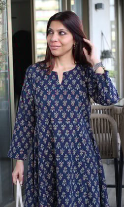 Cotton Navy Blue Small Print Kali Kurta-XXS