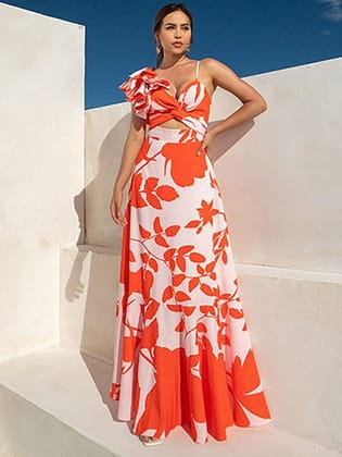 One Shoulder Ruffle Cutout Printed Swimsuit & Skirt Coord Set-Orange / M