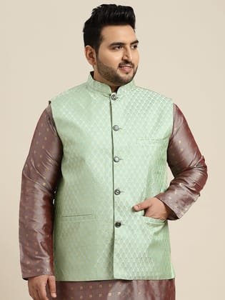 Men's Jacquard Silk Pista Green Self Design ONLY Nehrujacket-46