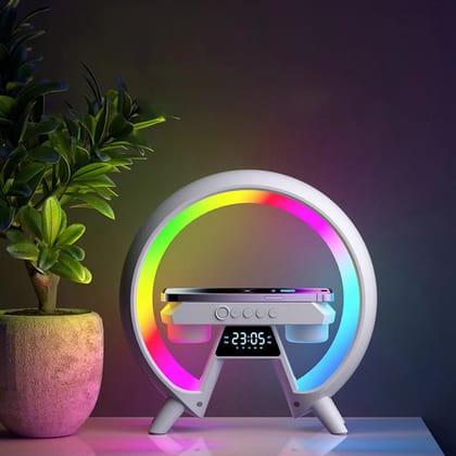 G Shape Multifunctional Google Speaker Wireless Charger Speaker 15 Watt Fast Charging Speaker Atmosphere Lamp with Bluetooth Speaker FM Radio 6 RGB Music sync Lighting Mode for Bedroom