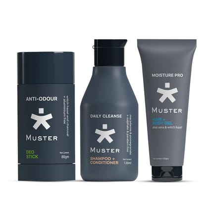 Muster Men Grooming Set | Aloe Vera Hair & Body Gel | Deep Cleanse Shampoo & Conditioner | Sulphate & Paraben Free | Anti-Odor Deo Stick | All-Day Freshness | Men Grooming Essentials