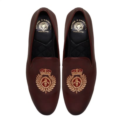 Dark Brown Leather Slip-On with Fleur-de-lis Crown Crest Zardosi By Brune & Bareskin-40/6