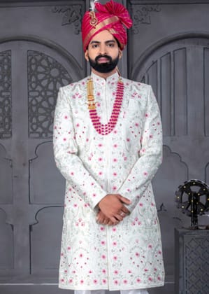 White and Pink Designer Sherwani for Groom-S