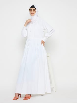 White Solid Embroidery Cuff Sleeve Abaya Burqa For Women With Black Hijab-XS / 54