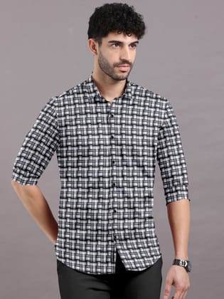 Stylish Qube Checks Mandarin Collar Shirt-39 - M