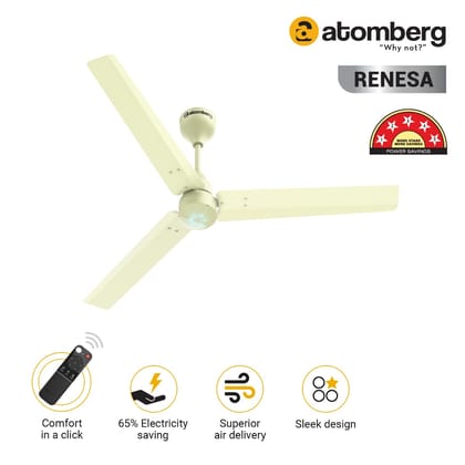 Atomberg Renesa 1200 mm BLDC Ceiling Fan with Remote Control  LED Indicators  Ivory-Atomberg Renesa 1200 mm BLDC Ceiling Fan with Remote Control & LED Indicators | Ivory