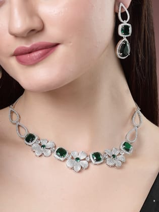 NVR Women Green & Silver-Plated American Diamond Handcrafted Jewellery Set-Onesize / Silver / Brass