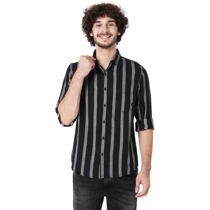 Mufti White & Black Awning Stripe Slim Fit Casual Shirt