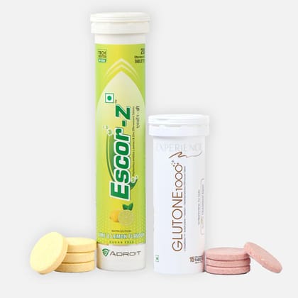 Glutone 1000 & Escor-Z Combo Pack| Setria L-Glutathione, Vitamin C and Zinc Effervescent Tablets| Healthy Skin| Pack of 15 + 20 Tablets (Lime & Lemon Flavour)