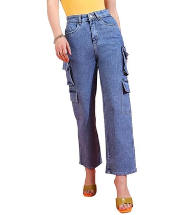 Glossia Fashion Women Cargo Jeans | High Waist Stretchable Wide Leg Straight Fit Denim| Boyfriend Jeans for Women -  Blue, 26