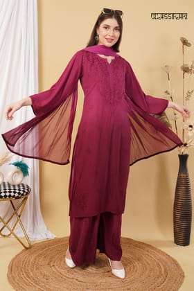 Most Comfortabe Rayon Ombrae Hand Embroidered Full Suit-Purple / S=36