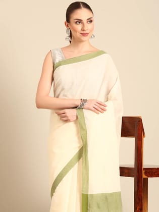 Kalyan Silks Cream Cotton Ser Saree With Olive Green Border