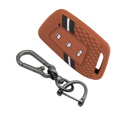 Keyzone striped silicone key cover & keychain for MG Hector 3 button smart key (KZS-24, ZincAlloy)-Brown