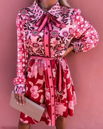 Evelyn Floral Printed Dress with Belt-Red / 32
