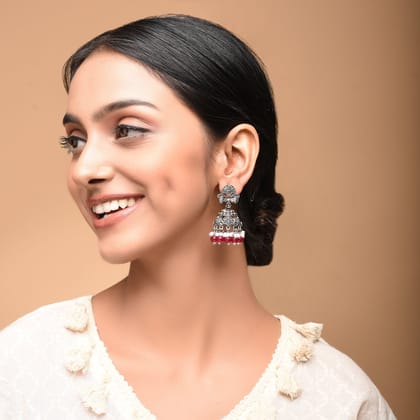Oxidised Lightweight Fulkari Jhumka Earrings-Ruby