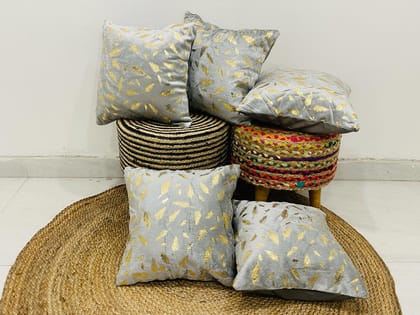 Pack of 5 Feather Printed Faux Fur Cushion Covers (Grey)