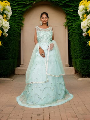 Gown with Pearls & Sequin by Shreekama-Sky Blue / Free Size