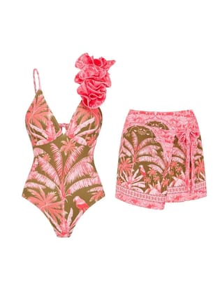 3D Flower Strap Tropical Print Swimsuit & Skirt Coord Set-Multicolor / M