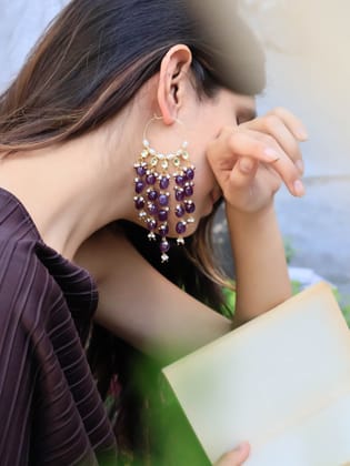 Husna Purple Kundan Chandbali Earrings-Purple