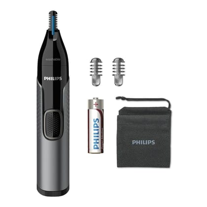 PHILIPS Nose Trimmer Nt3650/16,Cordless Nose,Ear&Eyebrow Trimmer With Protective Guard System,Fully Washable,Including Aa Battery,2 Eyebrow Combs,Pouch (Gray), Unisex