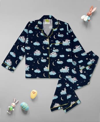 Bunny In The Cloud Kids Button Down Pj Set - Pure Cotton Pj Set with Notched Collar-1-2 YEARS