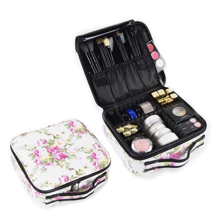 Makeup Storage Case with Adjustable Compartment-White Flower