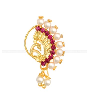 Vighnaharta Gold Plated Mayur Design Red Stone with Pearls and AD Stone Alloy Maharashtrian Nath Nathiya./ Nose Pin for women VFJ1018NTH-Press - Golden