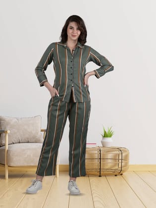 OWO THE LABEL Cord set for women stripe printed cords party wear and daily use shirt and bottom (OTL-CRD-1301)-Medium / Green / Rayon Cotton