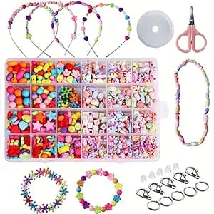 KATHIYAWADI  DIY Beads Set with 4 Packs String, 24 Different Types and Shapes Colorful Acrylic Beads in a Box for Children Necklace and Bracelet Crafts Gift Kit for Kids