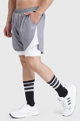 2 in 1 Mesh Shorts Foggy Grey With White-S