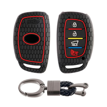 Keycare silicone key cover and keychain fit for : Venue, Elantra, Tucson, I20 N Line 2021, Creta 2020, i20 2020 Hyundai 4 button smart key (KC-30, Alloy keychain black)-Black