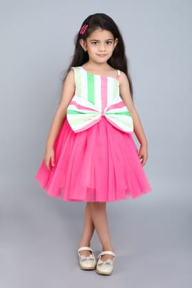 One Shoulder Stripes Bow Dress-Coral-1-2Y / Coral