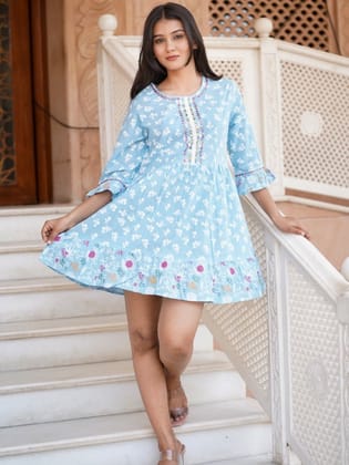 Cotton Printed Short Dress-Sky Blue / L