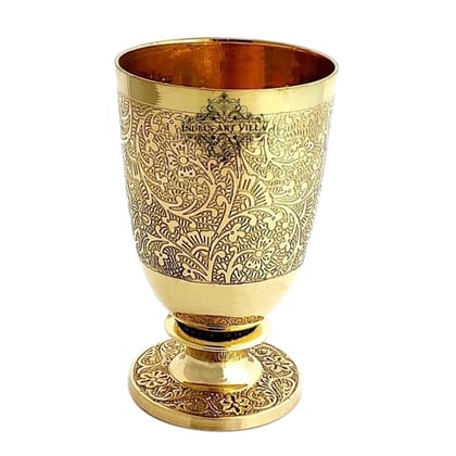 Indian Art Villa Pure Brass Embossed Designer Shine Finish Tumbler, Drinkware & Serveware, 350 ML , Gold-1