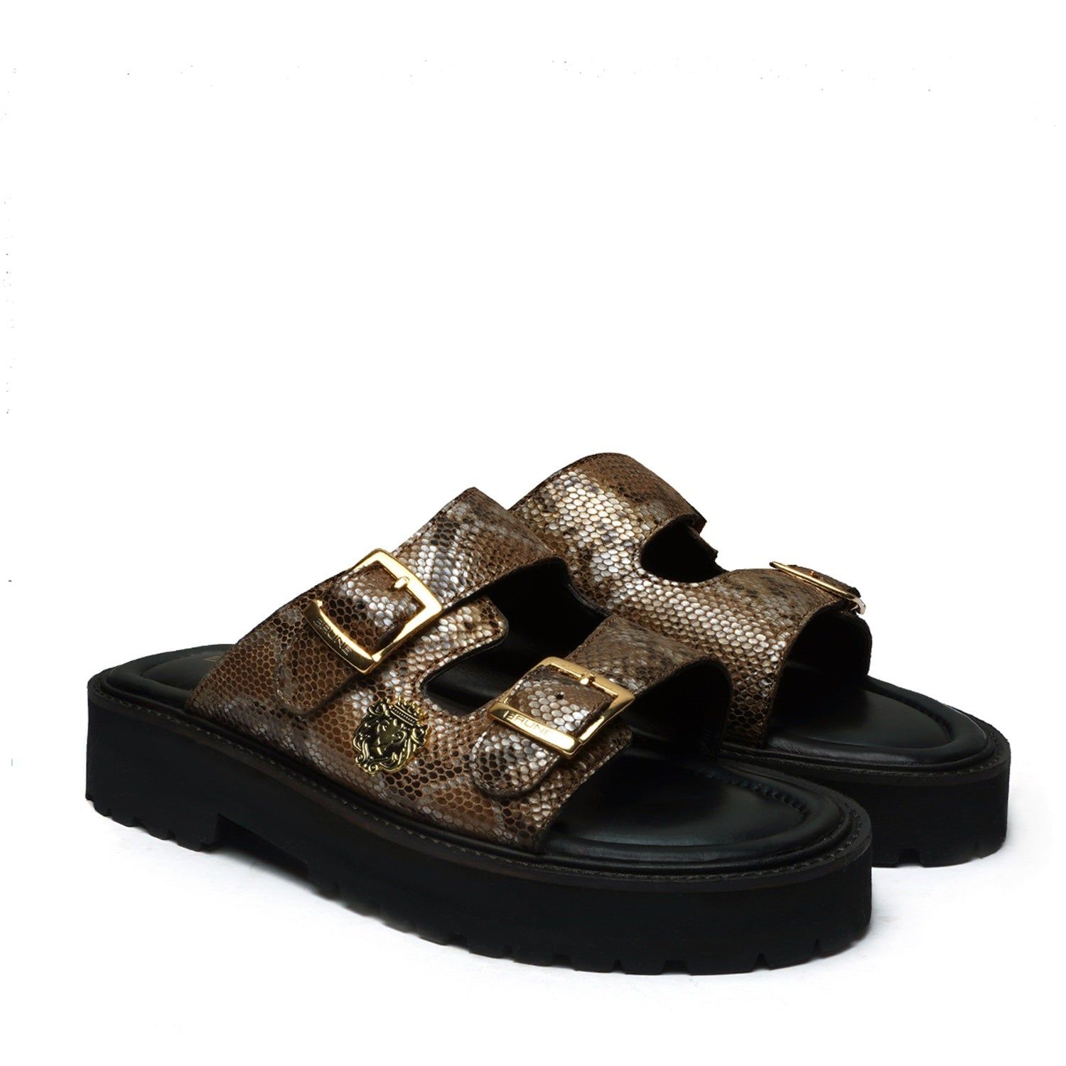 Adjustable Buckle Leather Slipper in Snake Skin Textured-40/6