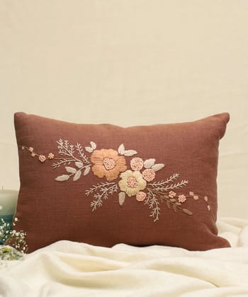 Brown Hand Embroidered Pure Linen Rectangular Cushion Cover | 12" x 18" | Zipper Closure