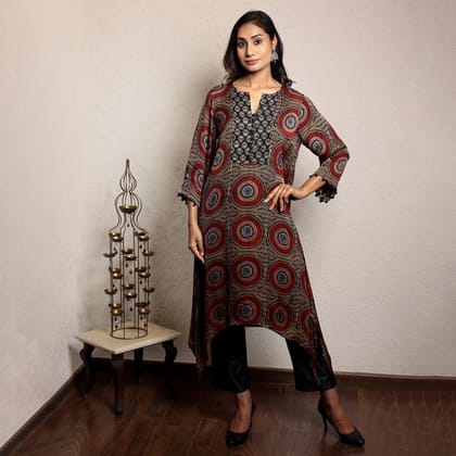 Maroon and Black Ajrakh printed asymmetric kurta-XS