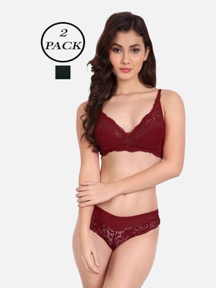 Women Lycra Lace Bra Panty Non-Padded Pack of 2 Lingerie Set-Black Maroon / 30B