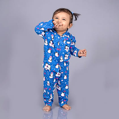 Full Sleeves Baby Penguin Printed Pajamas / Night Suit  for Baby/Kids - Navy Blue-6-12 Months