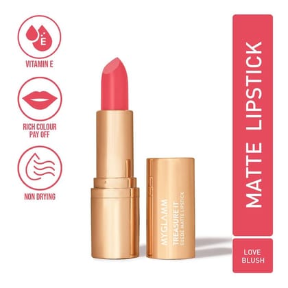 Treasure IT Suede Matte Lipstick Valentine Range - Love Blush (Deep Rose Pink Shade) | Long Lasting, Non Drying Bullet Lipstick With Vitamin E, Cocoa Butter (4.2g)