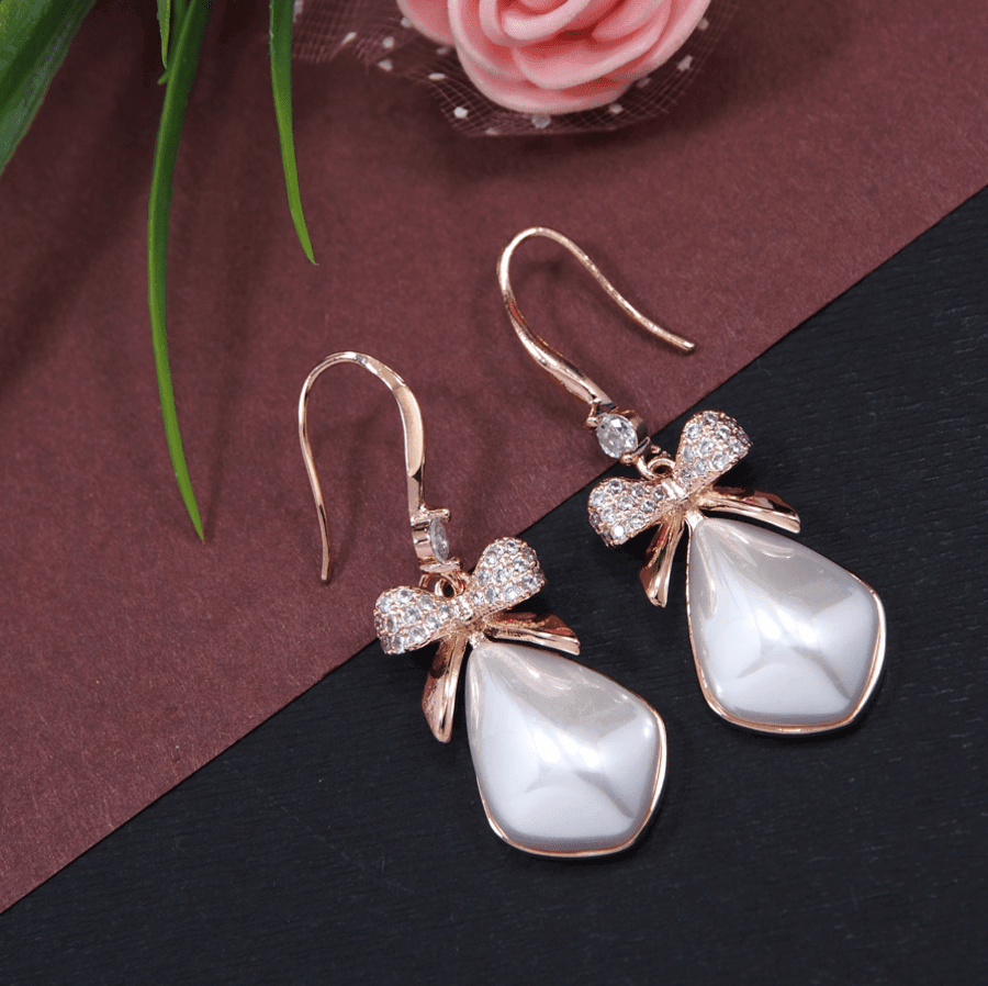 Korean Gold/Silver/Rosegold Plated Geometrical Shaped BowKnot Drop Earring- KRNER 3662-Rose Gold
