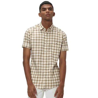 Mufti Off White & Khaki Grid Check Slim Fit Casual Shirt