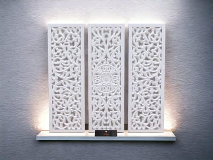 Premium Wooden Decoration Hand Carved 3 Wall Panel (MDF Wood, White)-White