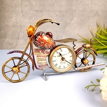 Bike Showpiece with Table Clock | Vintage Motor Cycle Bike Miniature with Desk Watch - for Home, Living Room, Study Table, Desk, Office Decor & Gifts-Design 1