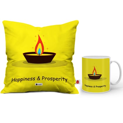 Indigifts Diwali Decoration Items Diwali Wishes Quote Yellow Cushion Cover 12"x12" with Filler & Mug - Diwali Gift Items, Dipawali Gift Items, Dipawli Gifts, Deepawali Greetings, Deepavali Decoration