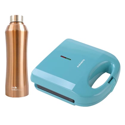 The Better Home FUMATO Presswich 750W Sandwich Maker 2 Slice Grill Blue  Stainless Steel Water Bottle 1 Litre Gold-The Better Home FUMATO Presswich 750W Sandwich Maker, 2 Slice Grill, Blue & Stai