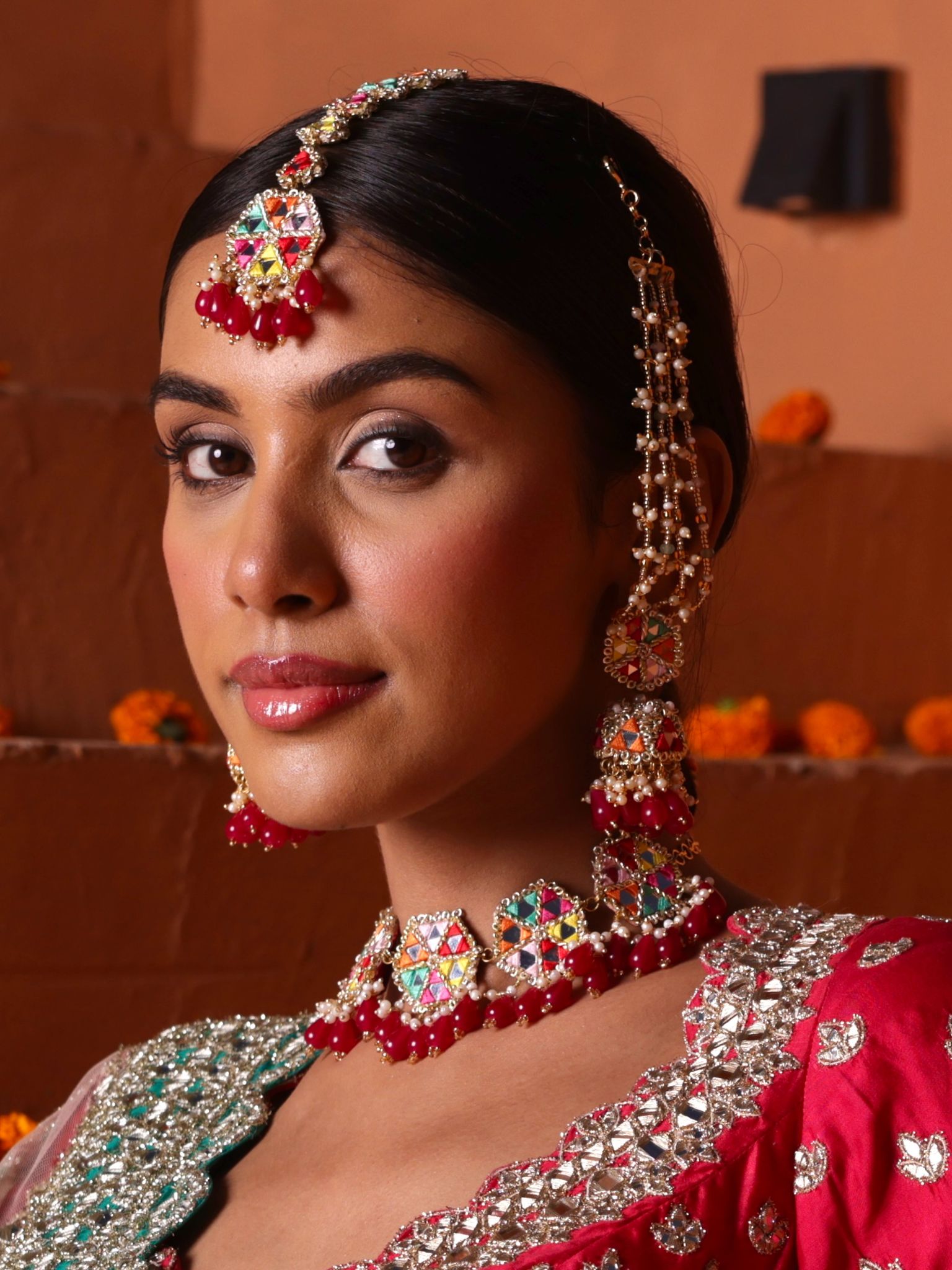 Gulaal (Jhumki Earrings with Earchain, Mangtikka & Choker)