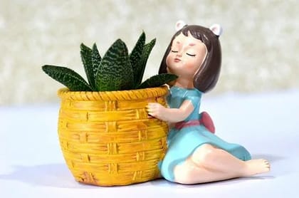 Unique International Peaceful Cute Dreaming Fairy Girl with Succulent Basket Planter Pot