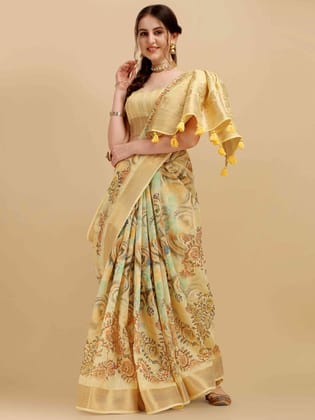 Yellow Cotton silk Floral Digital Print Saree with Sequience Blouse